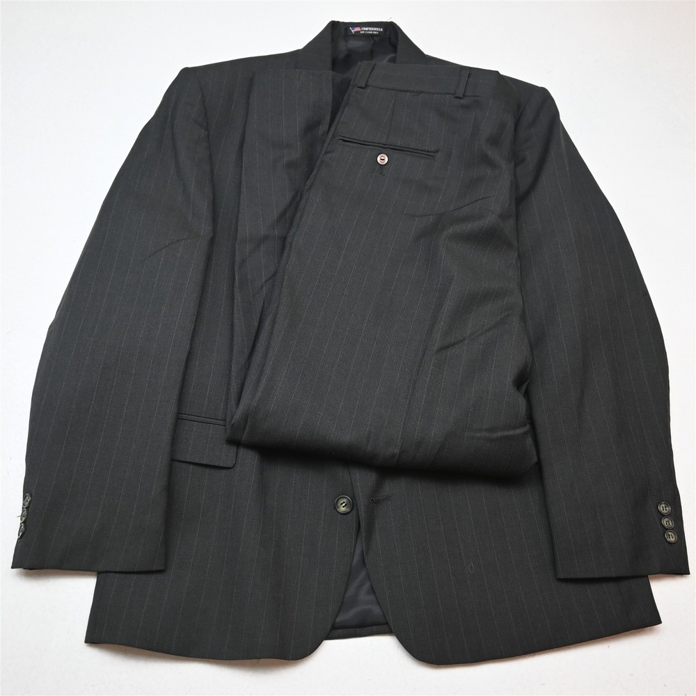 Vtg 90s USA Made 42S 34x30 Green Striped 100% Wool Strong Shoulder Mens Suit